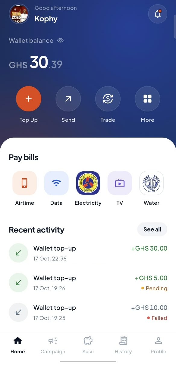The StarPay app's home screen: the wallet balance, Top Up, Send and Trade, bills, and recent activity.